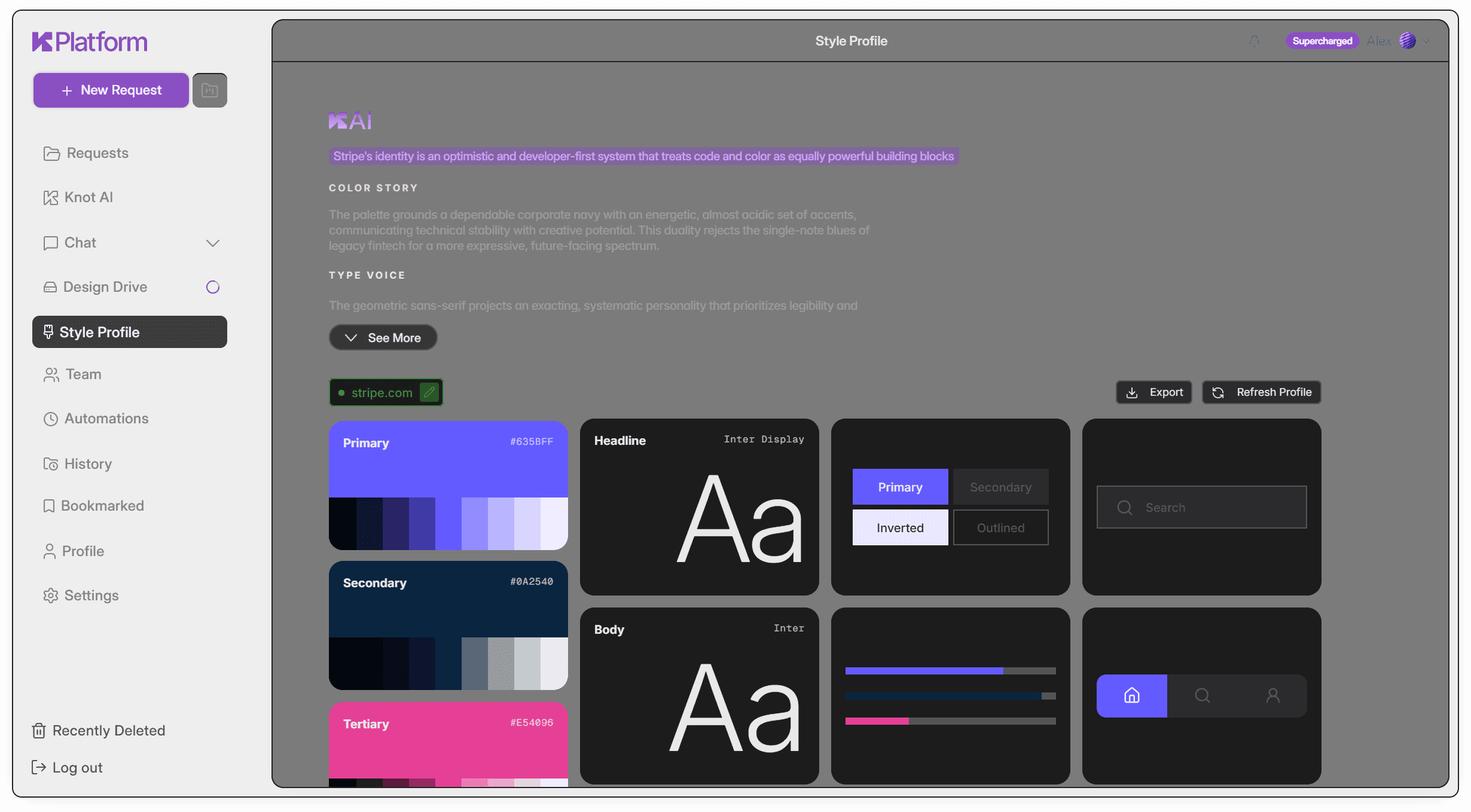 The image displays a user interface of a style profile platform with a dark theme, showcasing options for color themes and typography, including a project titled "Kai" with headline, primary, and secondary color schemes.