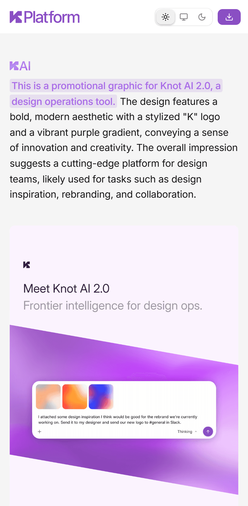 This is a promotional graphic for Knot AI 2.0, a design operations tool, featuring a bold modern aesthetic with a stylized "K" logo and vibrant purple gradient, suggesting innovation and creativity in design tasks like rebranding and collaboration.