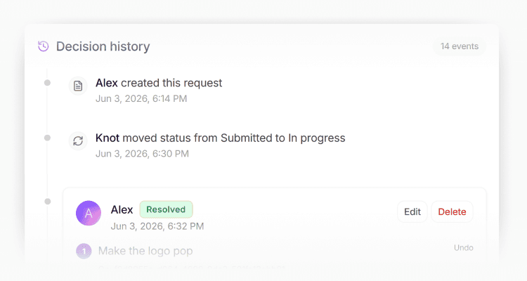 The image displays a digital interface showing the decision history of a project management tool, highlighting changes in task status, with timestamps and options to edit or delete entries.
