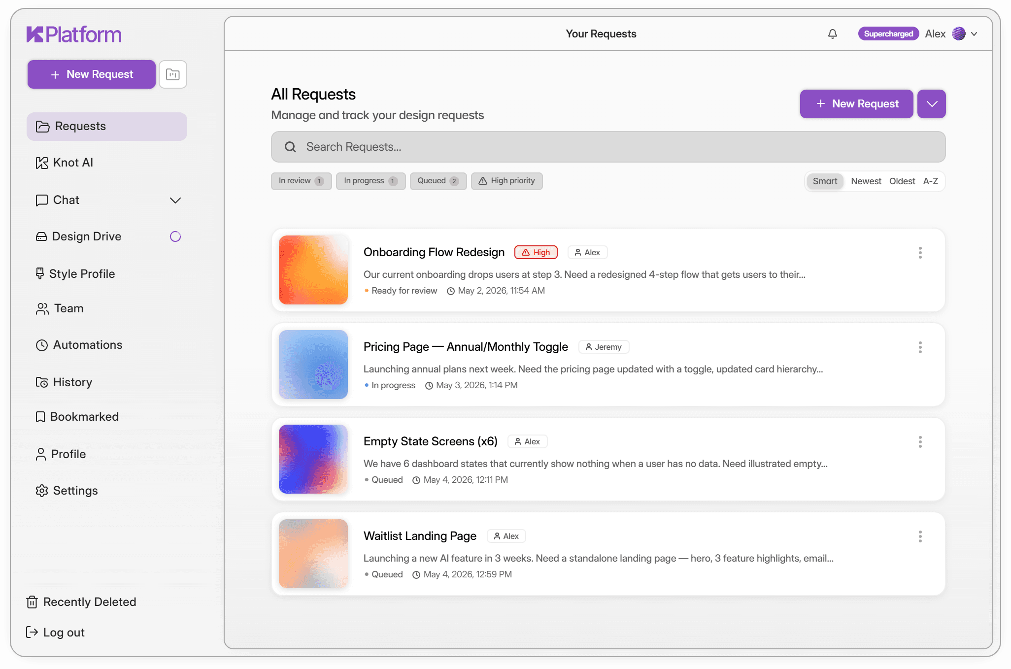 A dashboard displaying a project management tool interface with a sidebar menu and a main area showing a list of design requests, featuring colorful thumbnail images, project titles, and status tags.